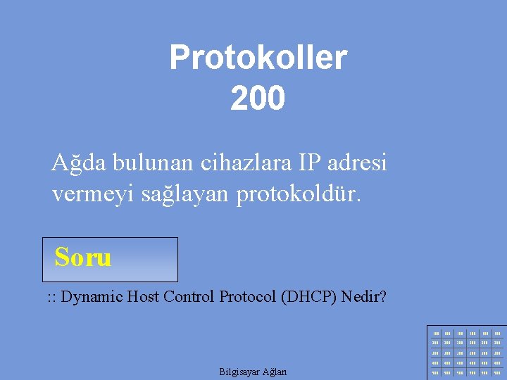 Protokoller 200 Ağda bulunan cihazlara IP adresi vermeyi sağlayan protokoldür. Soru : : Dynamic
