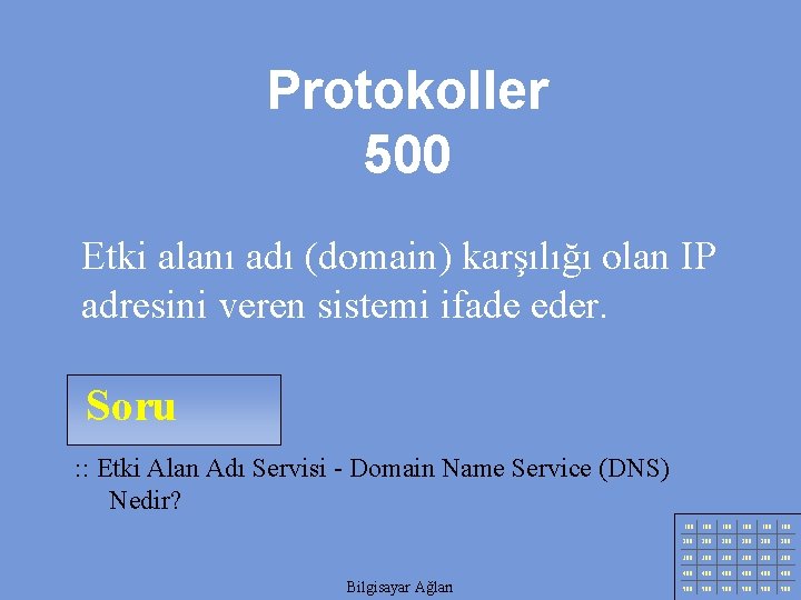 Protokoller 500 Etki alanı adı (domain) karşılığı olan IP adresini veren sistemi ifade eder.