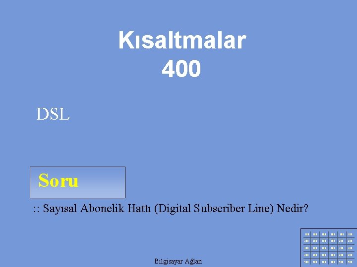 Kısaltmalar 400 DSL Soru : : Sayısal Abonelik Hattı (Digital Subscriber Line) Nedir? Bilgisayar