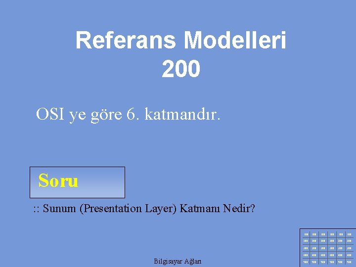 Referans Modelleri 200 OSI ye göre 6. katmandır. Soru : : Sunum (Presentation Layer)