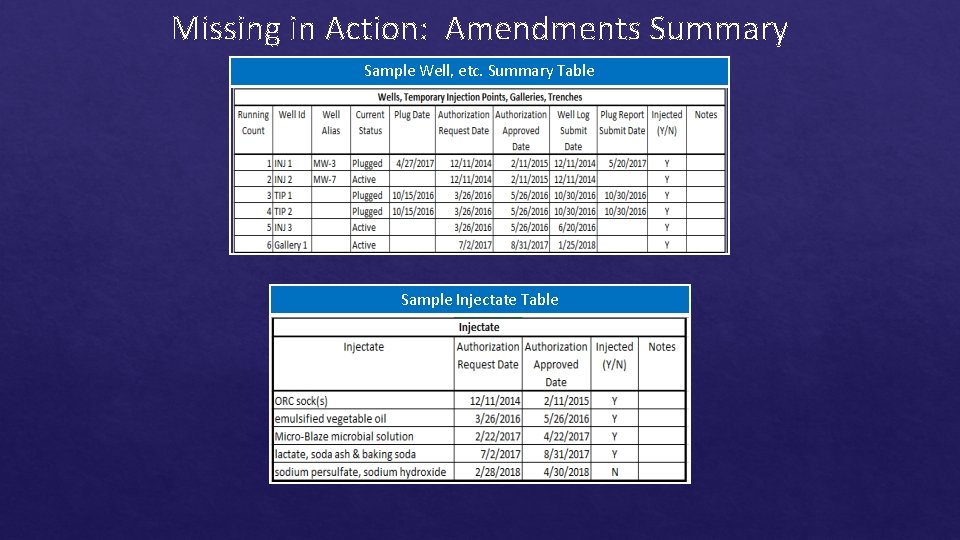 Missing in Action: Amendments Summary Sample Well, etc. Summary Table Sample Injectate Table 