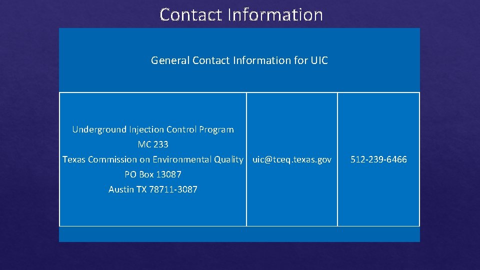 Contact Information General Contact Information for UIC Underground Injection Control Program MC 233 Texas