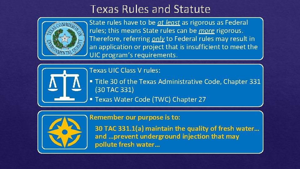 Texas Rules and Statute State rules have to be at least as rigorous as