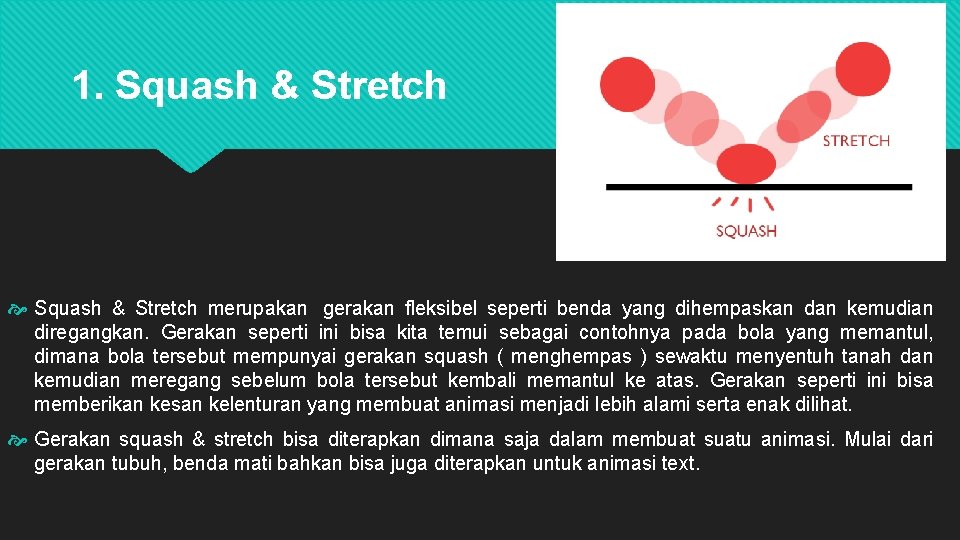 1. Squash & Stretch merupakan gerakan fleksibel seperti benda yang dihempaskan dan kemudian diregangkan.