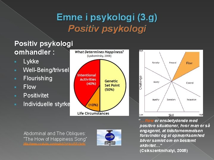 Emne i psykologi (3. g) Positiv psykologi omhandler : § § § Lykke Well-Being/trivsel