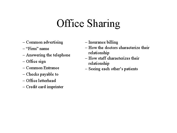 Office Sharing – Common advertising – “Firm” name – Answering the telephone – Office