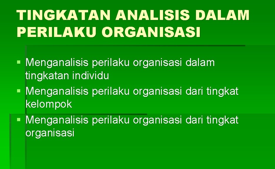 TINGKATAN ANALISIS DALAM PERILAKU ORGANISASI § Menganalisis perilaku organisasi dalam tingkatan individu § Menganalisis