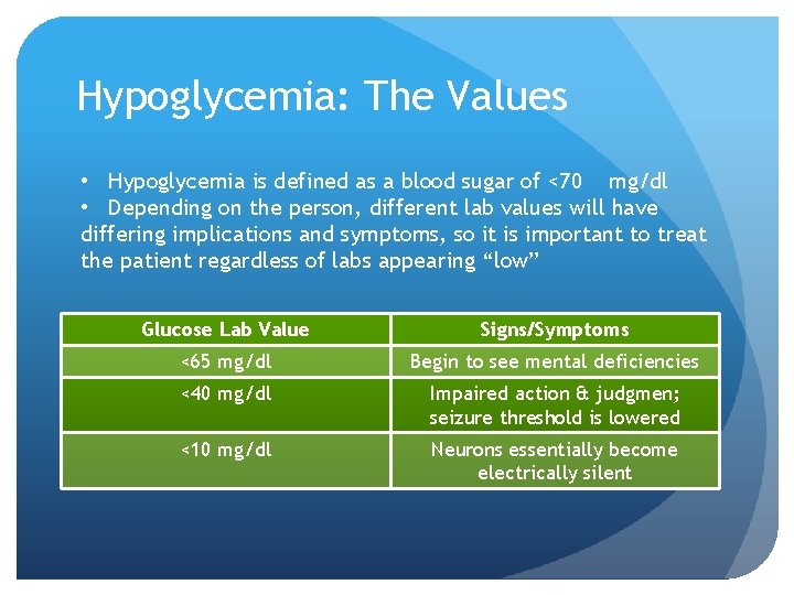 Hypoglycemia: The Values • Hypoglycemia is defined as a blood sugar of <70 mg/dl