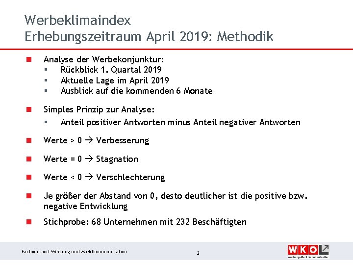 Werbeklimaindex Erhebungszeitraum April 2019: Methodik n Analyse der Werbekonjunktur: § Rückblick 1. Quartal 2019