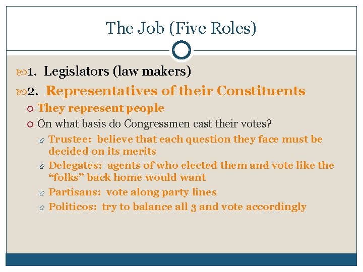 The Job (Five Roles) 1. Legislators (law makers) 2. Representatives of their Constituents They