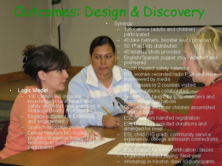 Outcomes: Design & Discovery • • Logic Model – 100 Latinos will increase knowledge
