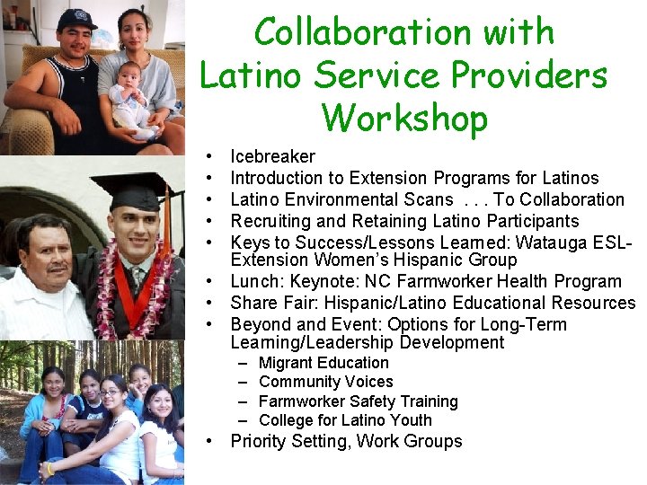 Collaboration with Latino Service Providers Workshop • • • Icebreaker Introduction to Extension Programs