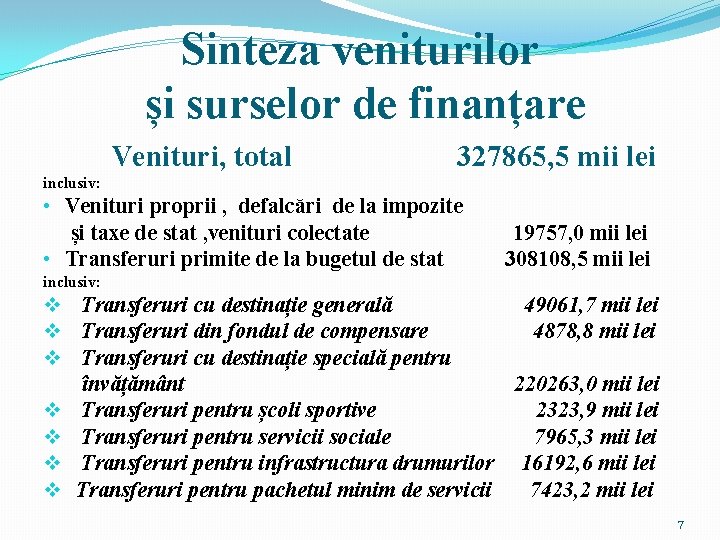 Sinteza veniturilor și surselor de finanțare Venituri, total 327865, 5 mii lei inclusiv: •