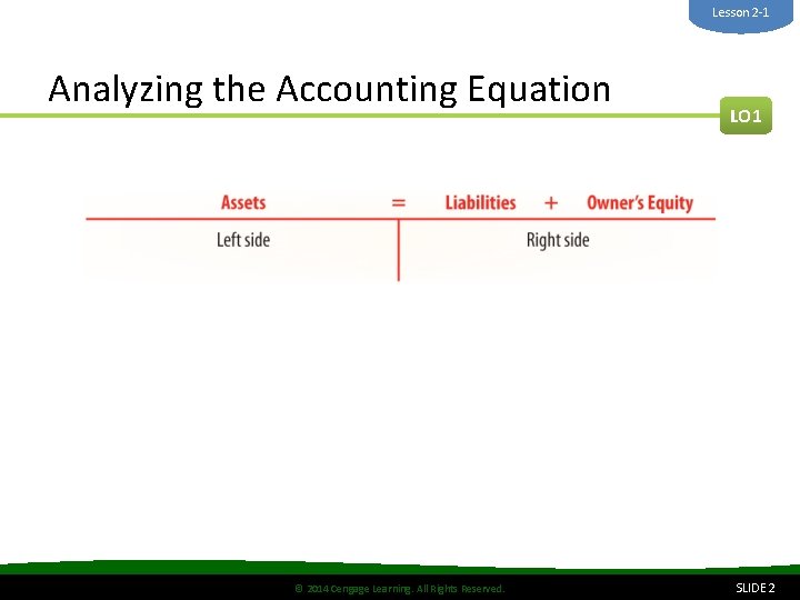 Lesson 2 -1 Analyzing the Accounting Equation © 2014 Cengage Learning. All Rights Reserved.