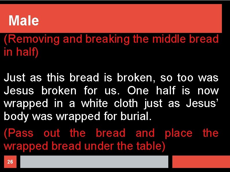 Male (Removing and breaking the middle bread in half) Just as this bread is