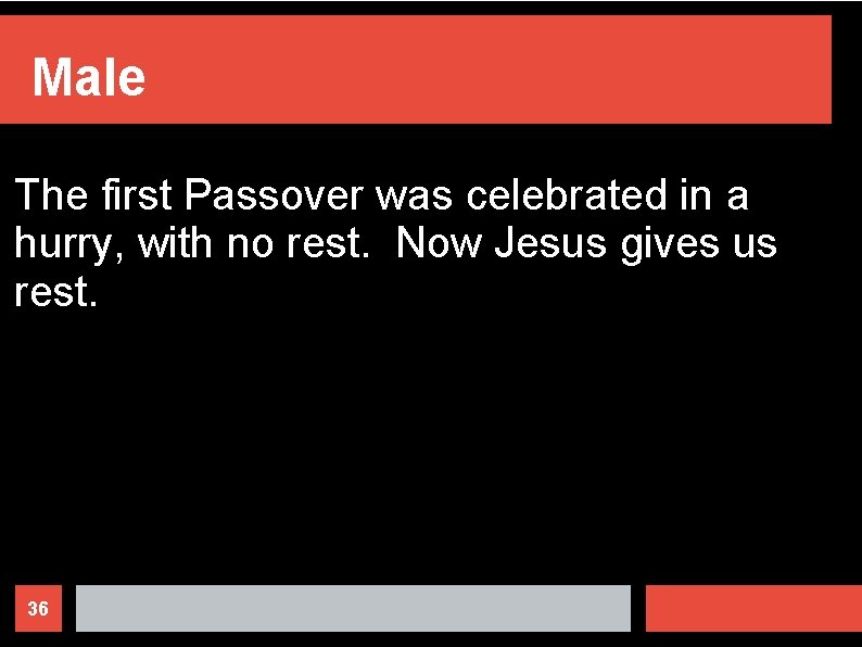 Male The first Passover was celebrated in a hurry, with no rest. Now Jesus