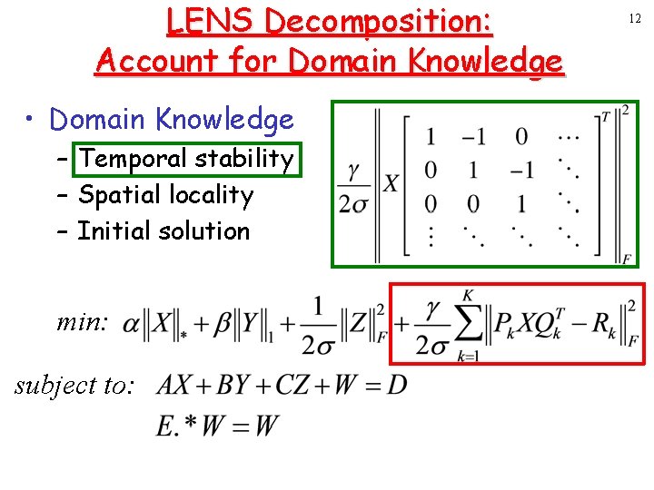 LENS Decomposition: Account for Domain Knowledge • Domain Knowledge – Temporal stability – Spatial