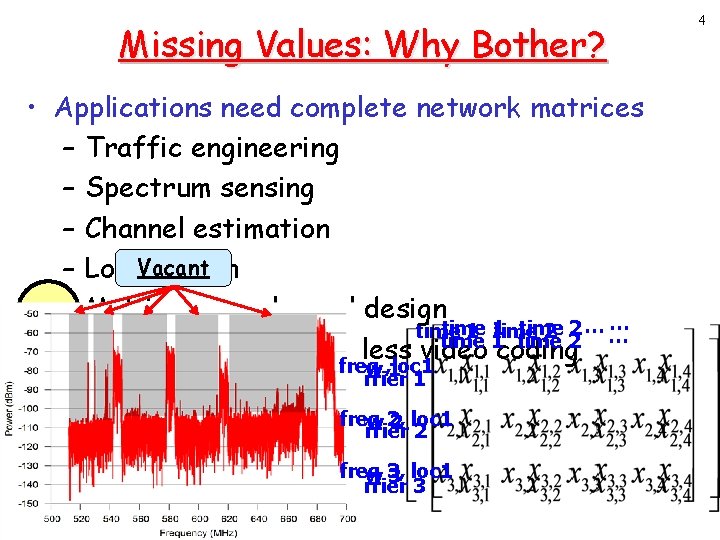 Missing Values: Why Bother? • Applications need complete network matrices – Traffic engineering –