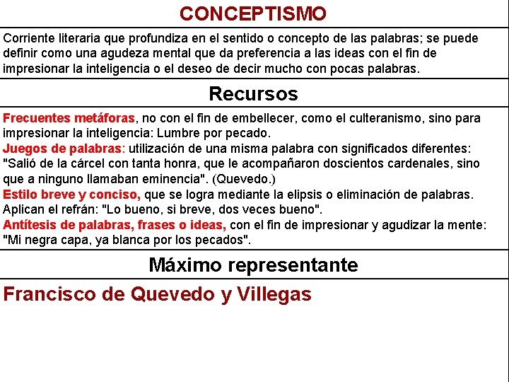 CONCEPTISMO Corriente literaria que profundiza en el sentido o concepto de las palabras; se