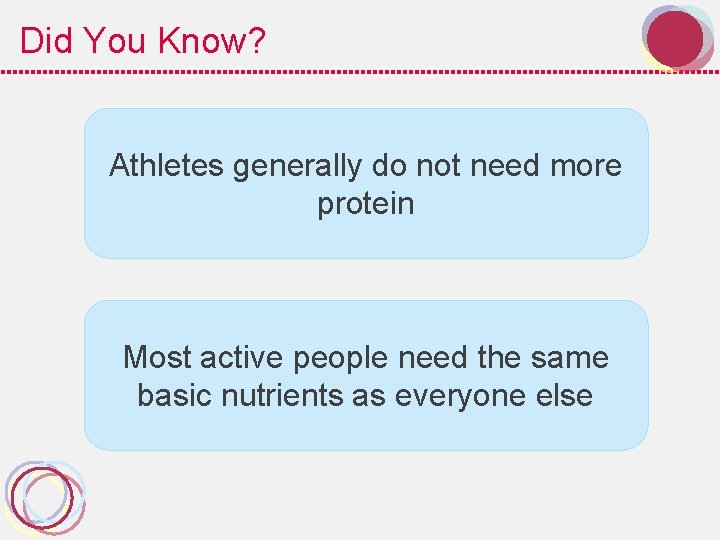 Did You Know? Athletes generally do not need more protein Most active people need