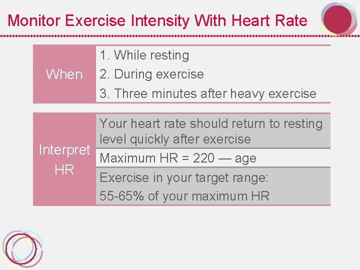 Monitor Exercise Intensity With Heart Rate When 1. While resting 2. During exercise 3.
