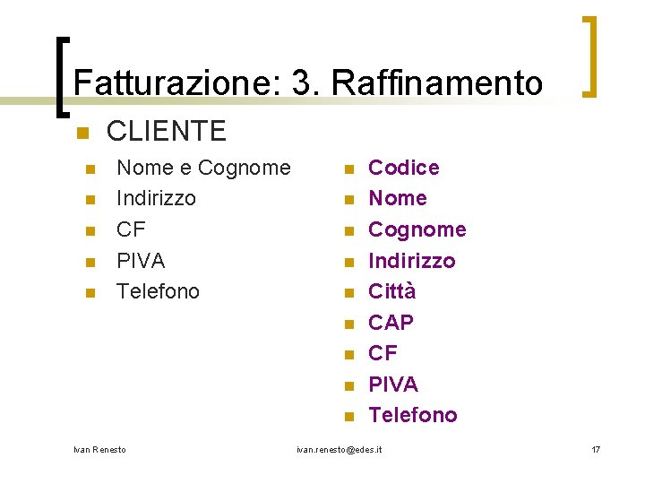 Fatturazione: 3. Raffinamento n n n CLIENTE Nome e Cognome Indirizzo CF PIVA Telefono