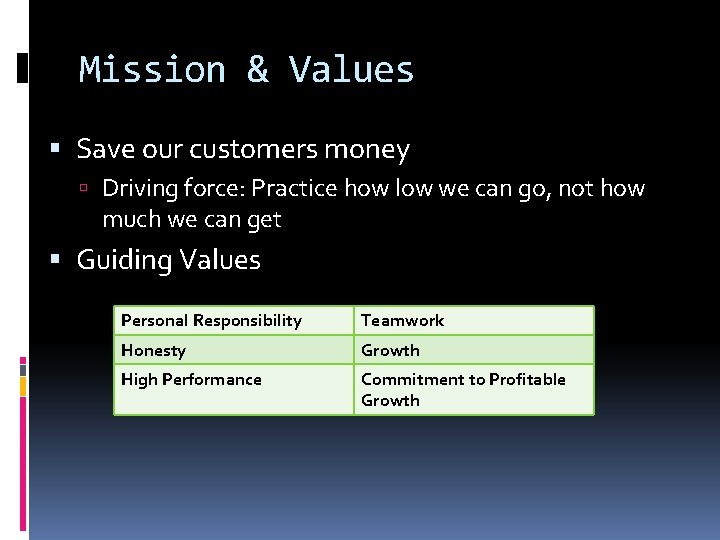 Mission & Values Save our customers money Driving force: Practice how low we can