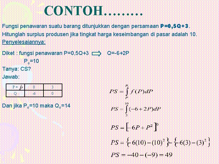 CONTOH……… Fungsi penawaran suatu barang ditunjukkan dengan persamaan P=0, 5 Q+3. Hitunglah surplus produsen