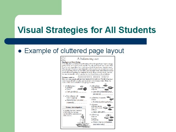 Visual Strategies for All Students l Example of cluttered page layout 