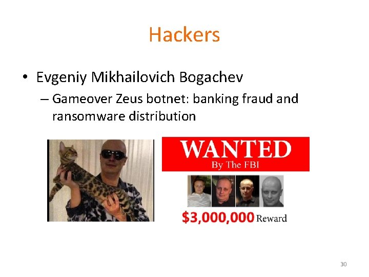 Hackers • Evgeniy Mikhailovich Bogachev – Gameover Zeus botnet: banking fraud and ransomware distribution