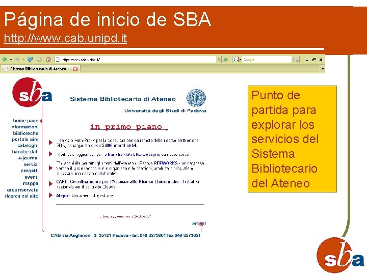 Página de inicio de SBA http: //www. cab. unipd. it Punto de partida para