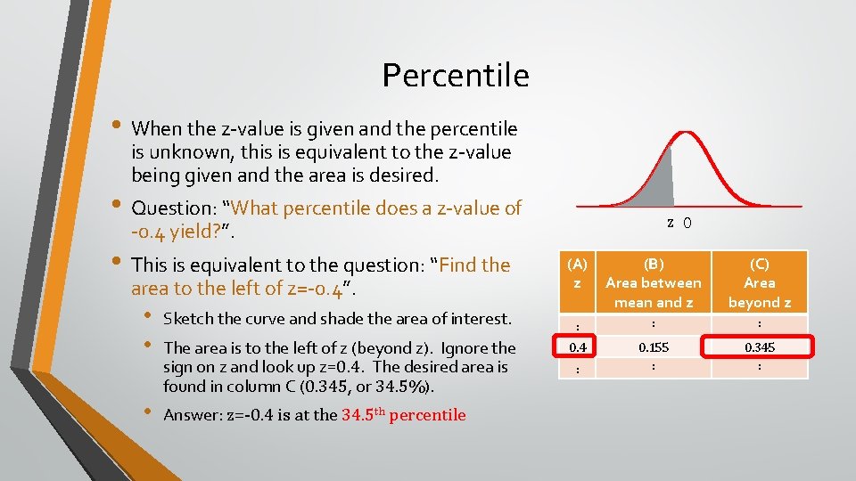 Percentile • When the z-value is given and the percentile is unknown, this is