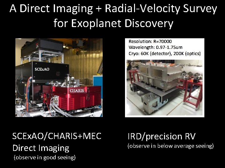 A Direct Imaging + Radial-Velocity Survey for Exoplanet Discovery SCEx. AO/CHARIS+MEC Direct Imaging (observe