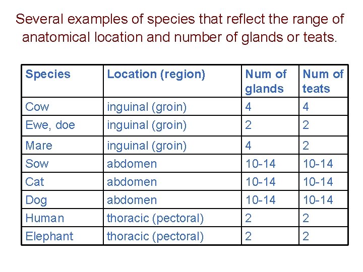 Several examples of species that reflect the range of anatomical location and number of