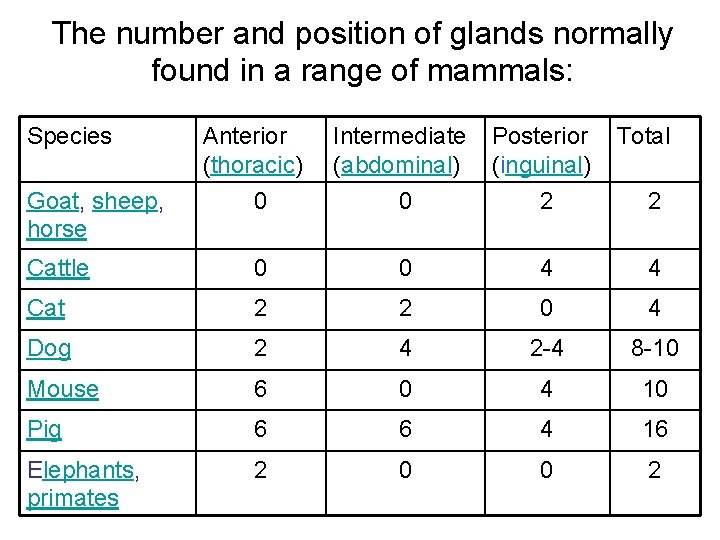 The number and position of glands normally found in a range of mammals: Species