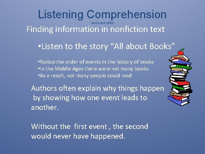 Listening Comprehension cause and effect Finding information in nonfiction text • Listen to the