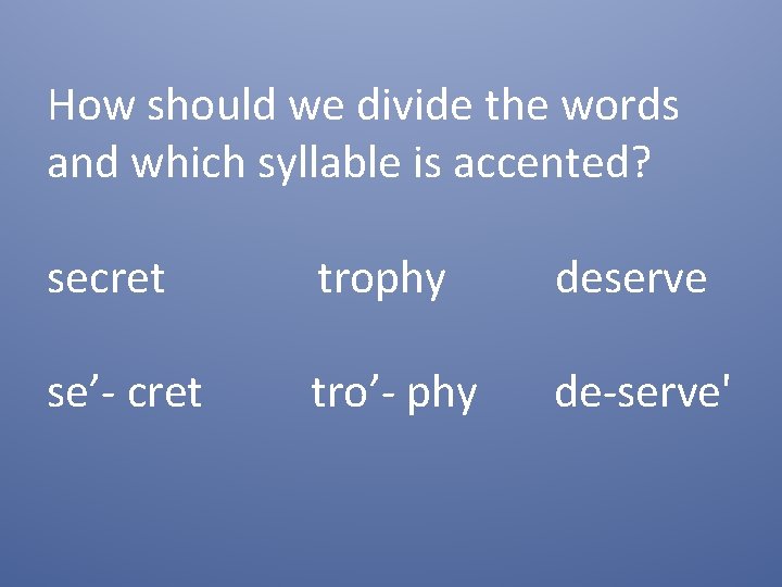 How should we divide the words and which syllable is accented? secret trophy deserve