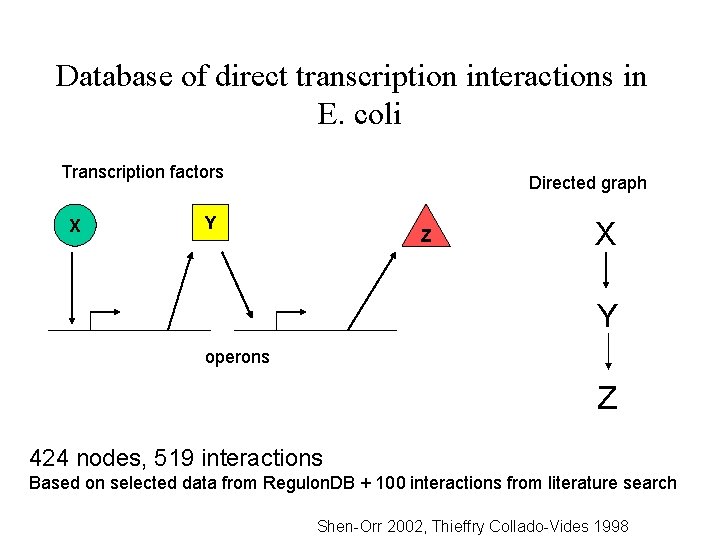 Database of direct transcription interactions in E. coli Transcription factors X Directed graph Y