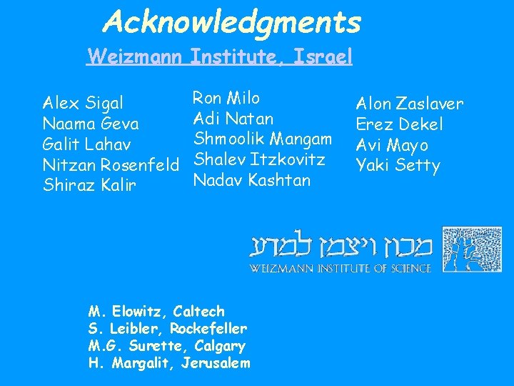 Acknowledgments Weizmann Institute, Israel Alex Sigal Naama Geva Galit Lahav Nitzan Rosenfeld Shiraz Kalir