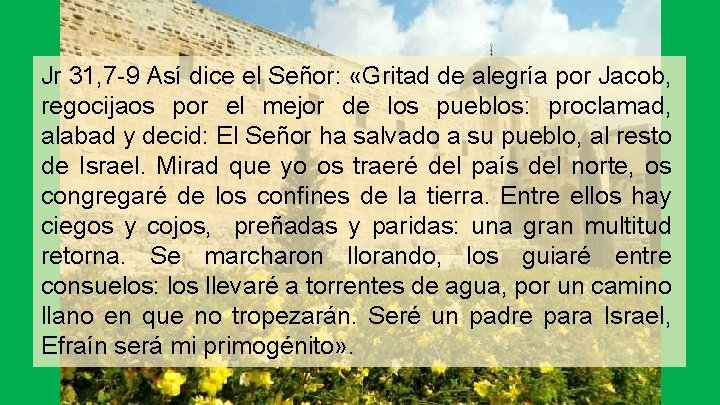 Jr 31, 7 -9 Así dice el Señor: «Gritad de alegría por Jacob, regocijaos