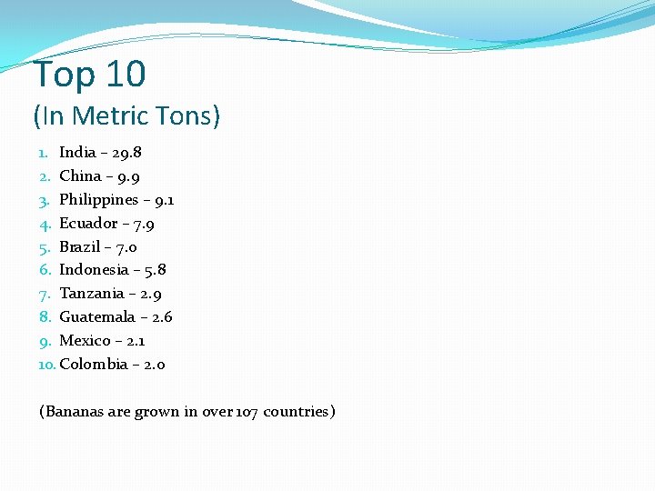 Top 10 (In Metric Tons) 1. India – 29. 8 2. China – 9.