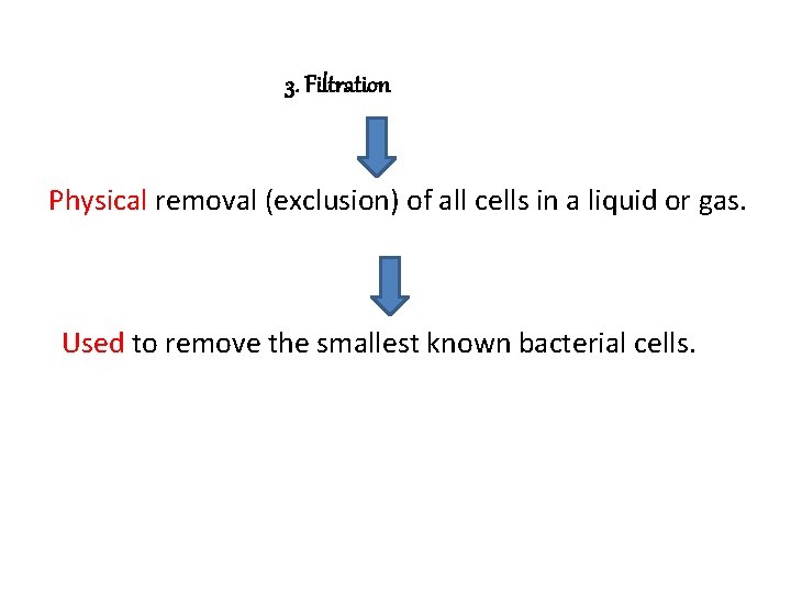 3. Filtration Physical removal (exclusion) of all cells in a liquid or gas. Used 3. Filtration Physical removal (exclusion) of all cells in a liquid or gas. Used