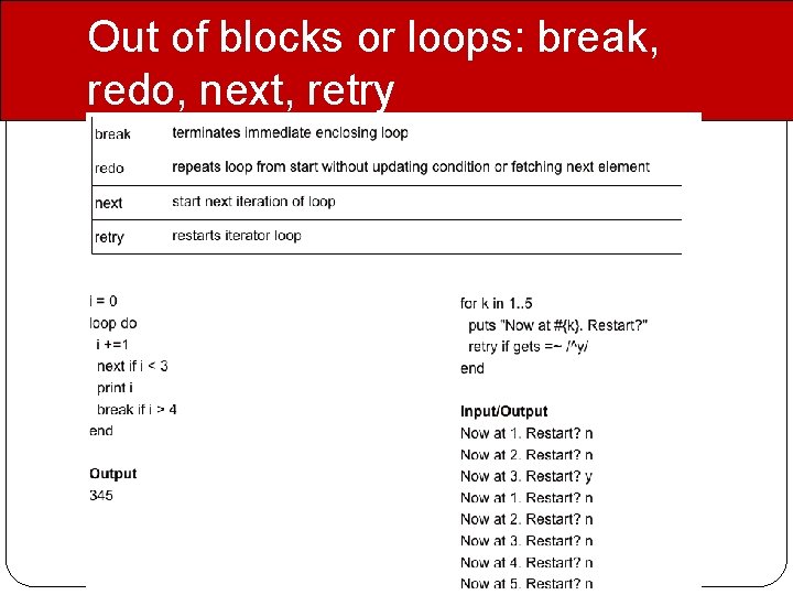 Out of blocks or loops: break, redo, next, retry 