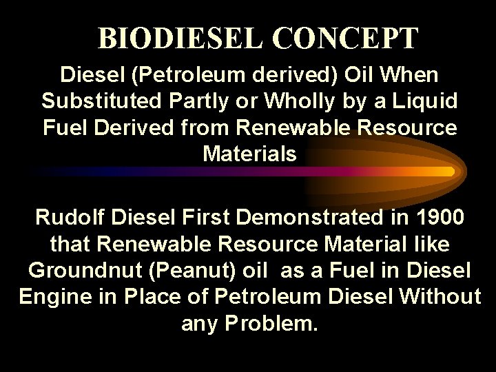 BIODIESEL CONCEPT Diesel (Petroleum derived) Oil When Substituted Partly or Wholly by a Liquid