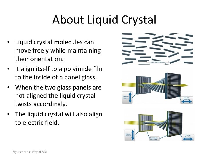 About Liquid Crystal • Liquid crystal molecules can move freely while maintaining their orientation. About Liquid Crystal • Liquid crystal molecules can move freely while maintaining their orientation.