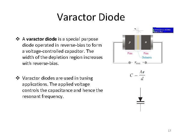 Varactor Diode v A varactor diode is a special purpose diode operated in reverse-bias Varactor Diode v A varactor diode is a special purpose diode operated in reverse-bias