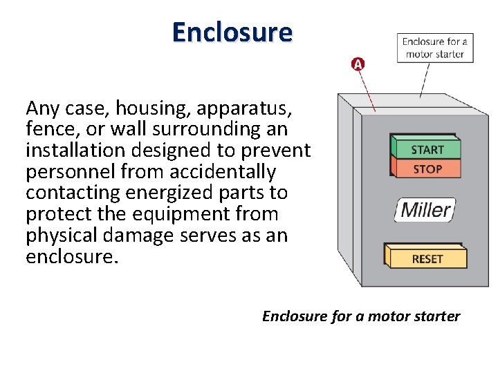Enclosure Any case, housing, apparatus, fence, or wall surrounding an installation designed to prevent