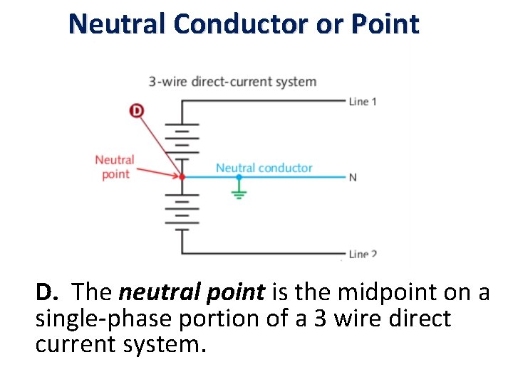 Neutral Conductor or Point D. The neutral point is the midpoint on a single-phase