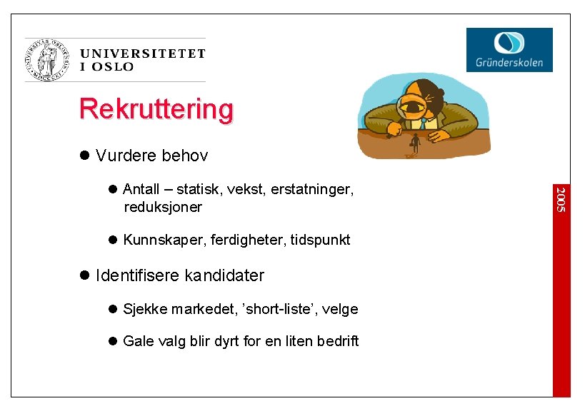 Rekruttering l Vurdere behov l Kunnskaper, ferdigheter, tidspunkt l Identifisere kandidater l Sjekke markedet,