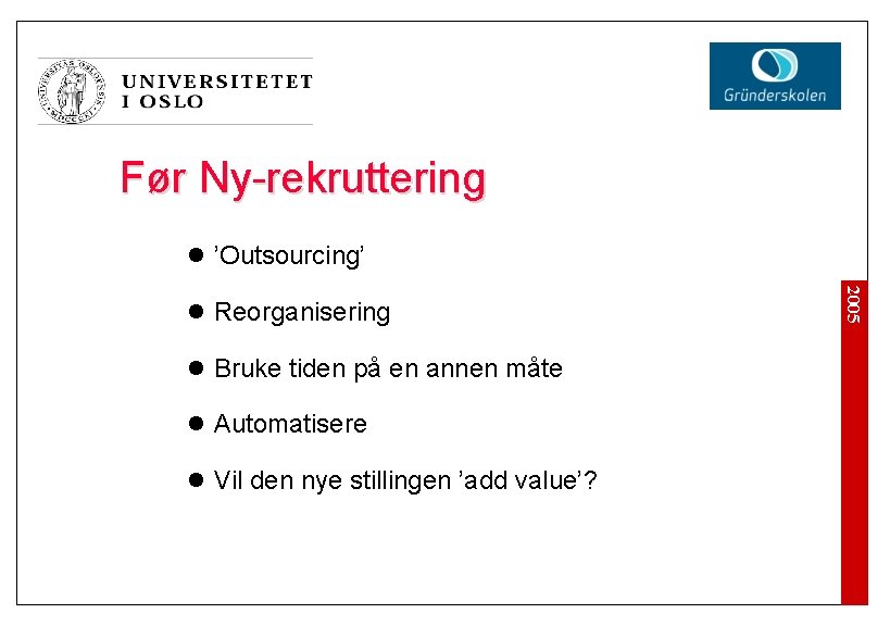 Før Ny-rekruttering l ’Outsourcing’ l Bruke tiden på en annen måte l Automatisere l